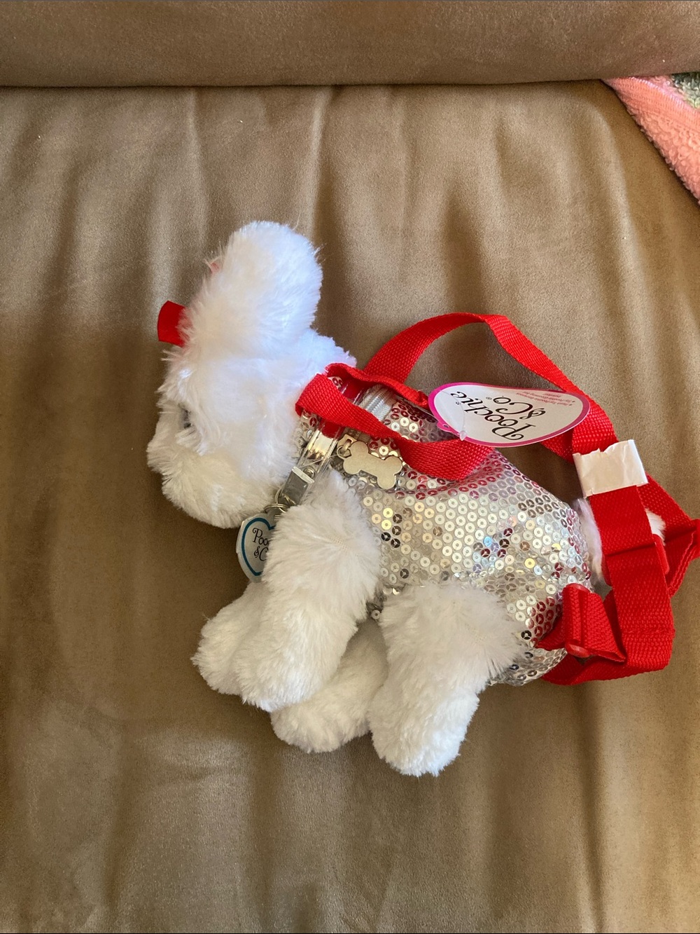 NWT White Plush Sequin Puppy Crossbody with Red Straps